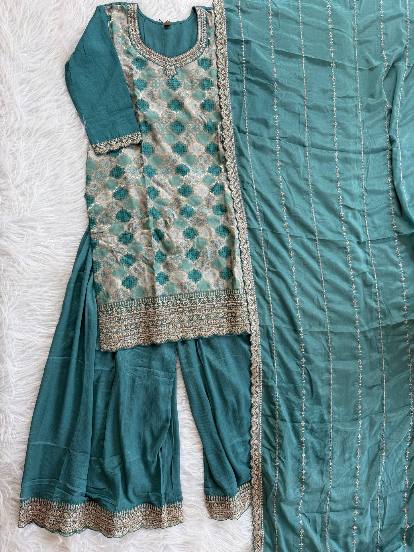 JACQUARD GREEN SHARARA SUIT-1356