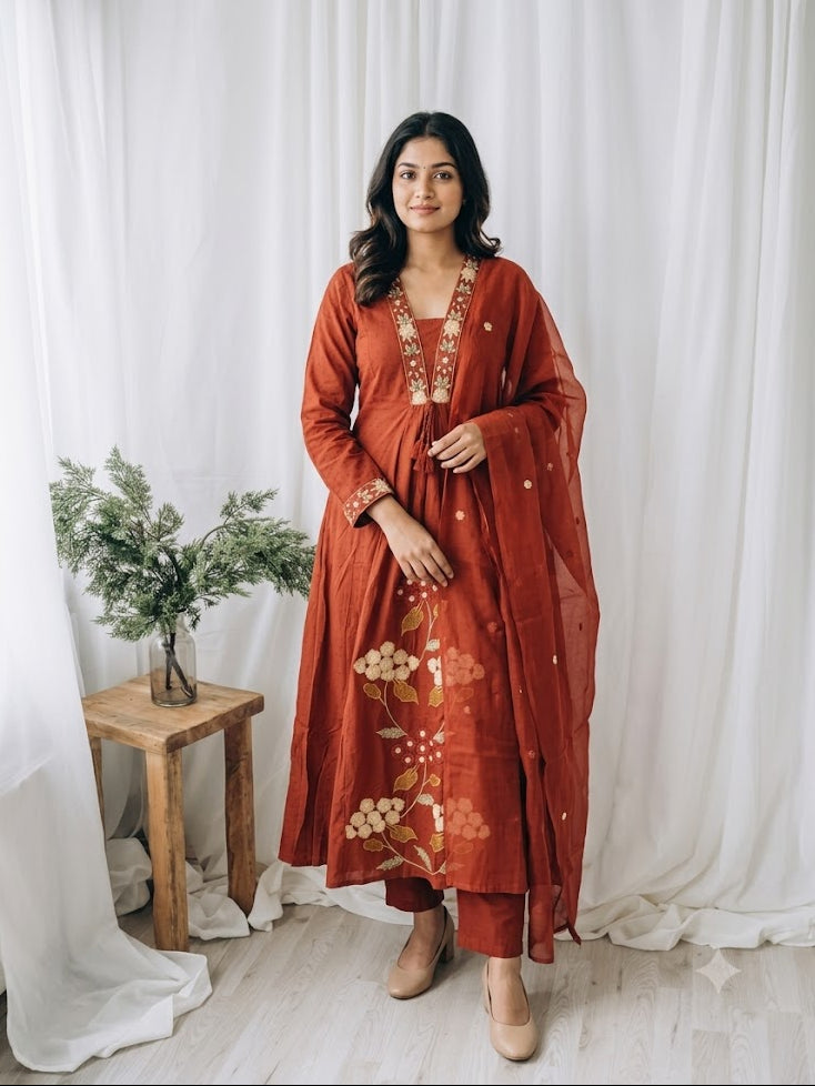 RUST FLORAL KURTI SET-1643