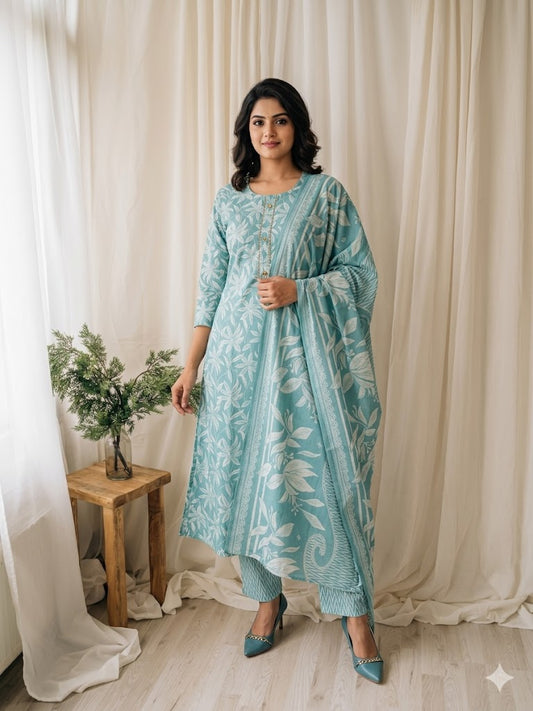 CASUAL COMFORT TEAL BLUE KURTI SET-1363