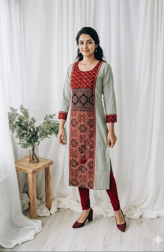 AJRAKH ESSENCE GREY KURTI-6037