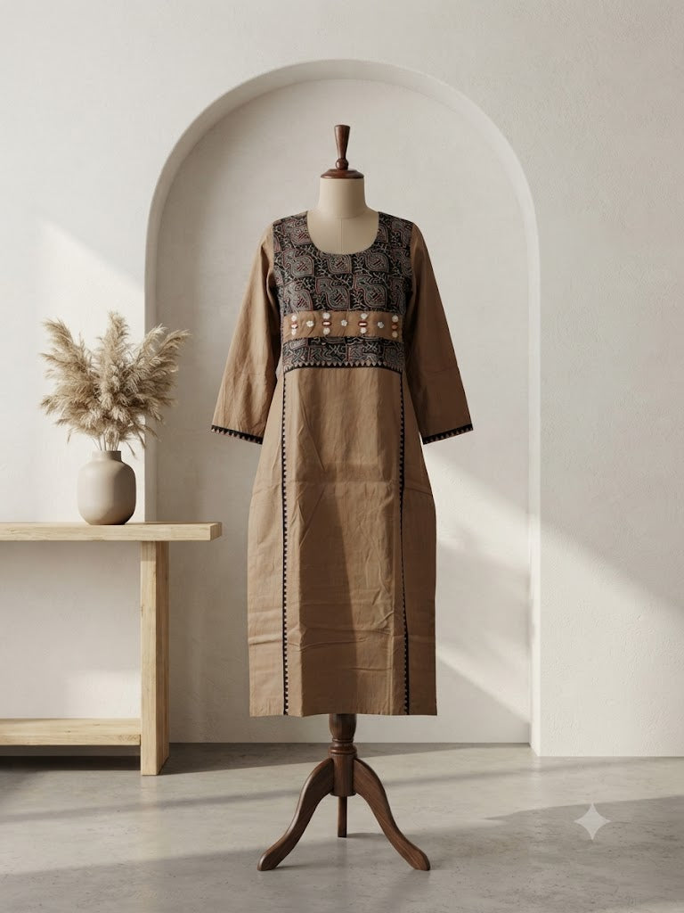 AJRAKH MIRROR BROWN KURTI-6089