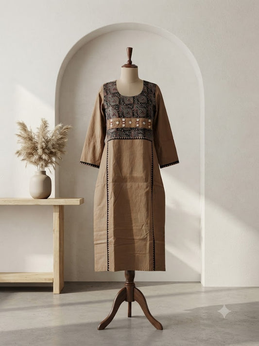 AJRAKH MIRROR BROWN KURTI-6089