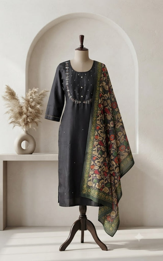 GREY SILK ETHNIC SUIT-1139