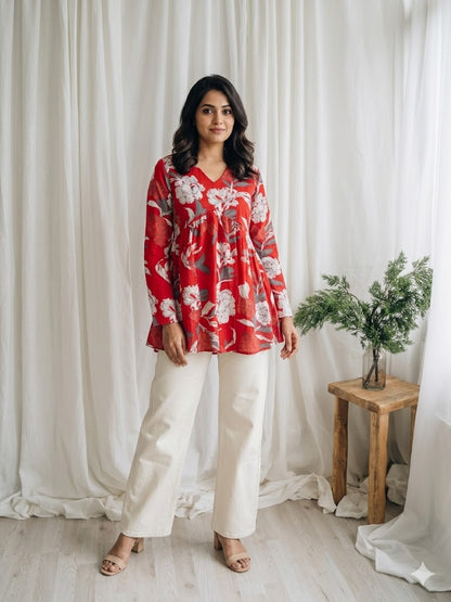 RED FLORAL PEPLUM KURTI-5034
