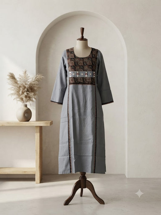 AJRAKH MIRROR GREY KURTI-6089