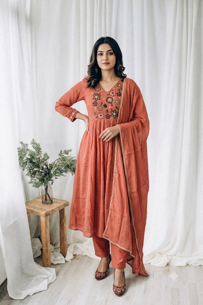 PEACH CHANDERI ETHNIC SUIT-1707