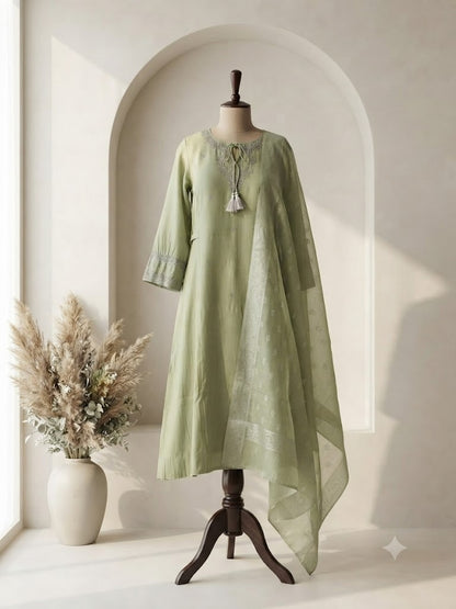 GREEN SILK ETHNIC SUIT-2052