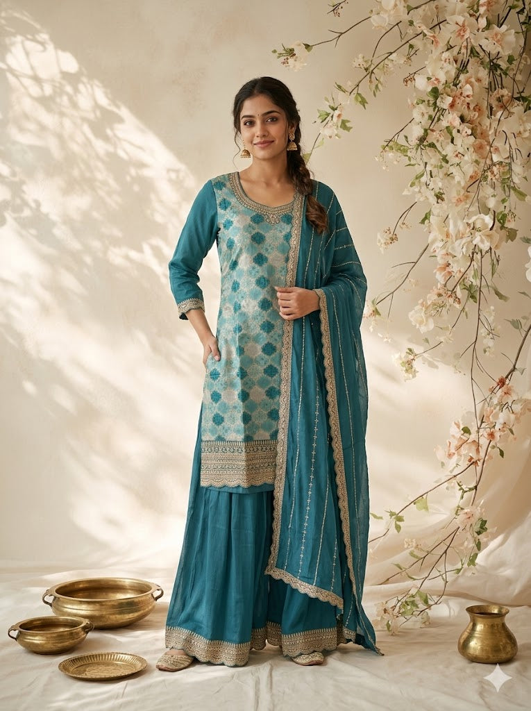 JACQUARD BLUE SHARARA SUIT-1355