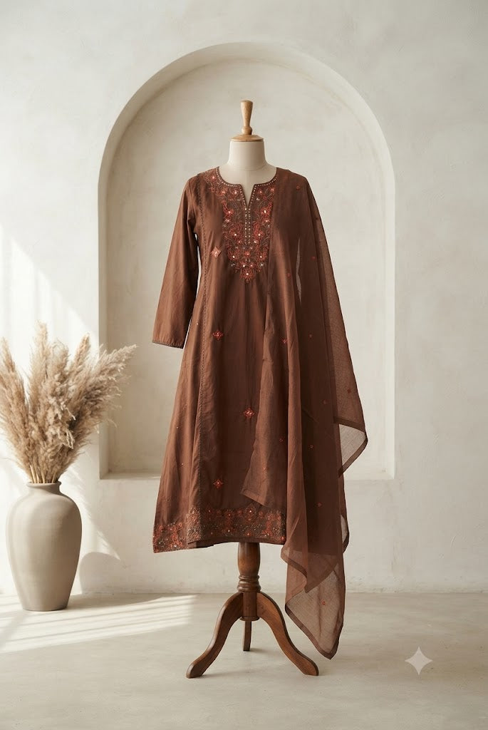 BROWN COTTON KURTI SET-1642