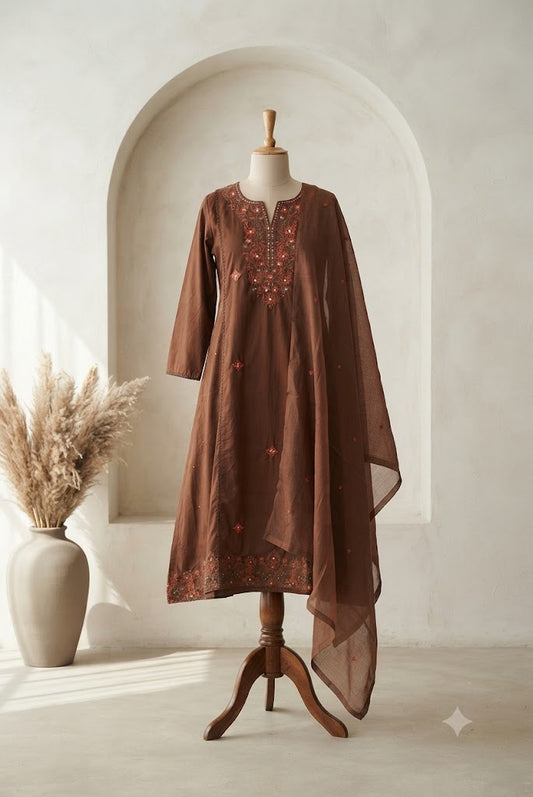 BROWN COTTON KURTI SET-1642
