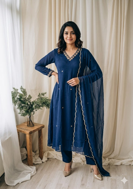 NAVY BLUE CHINON ETHNIC SUIT-2094