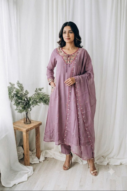 LAVENDER CHANDERI ETHNIC SUIT-1393