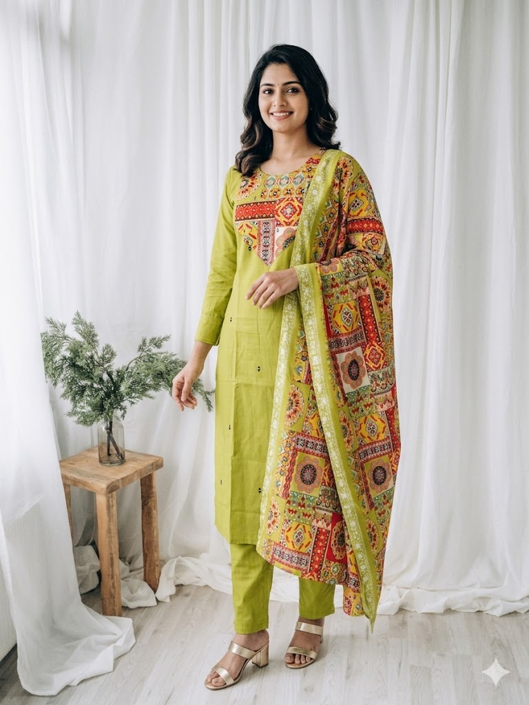 GREEN PATCH YOKE  ETHNIC SUIT - 1368