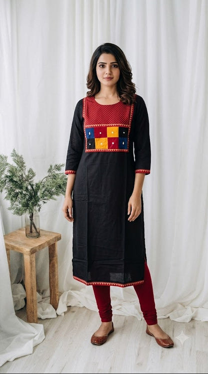 AJRAKH PATCH BLACK  KURTI-6092