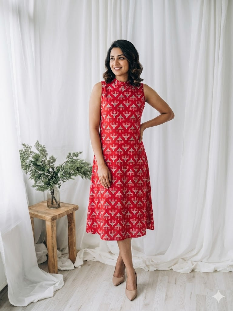 INDIE PRINT DRESS - RED-3029