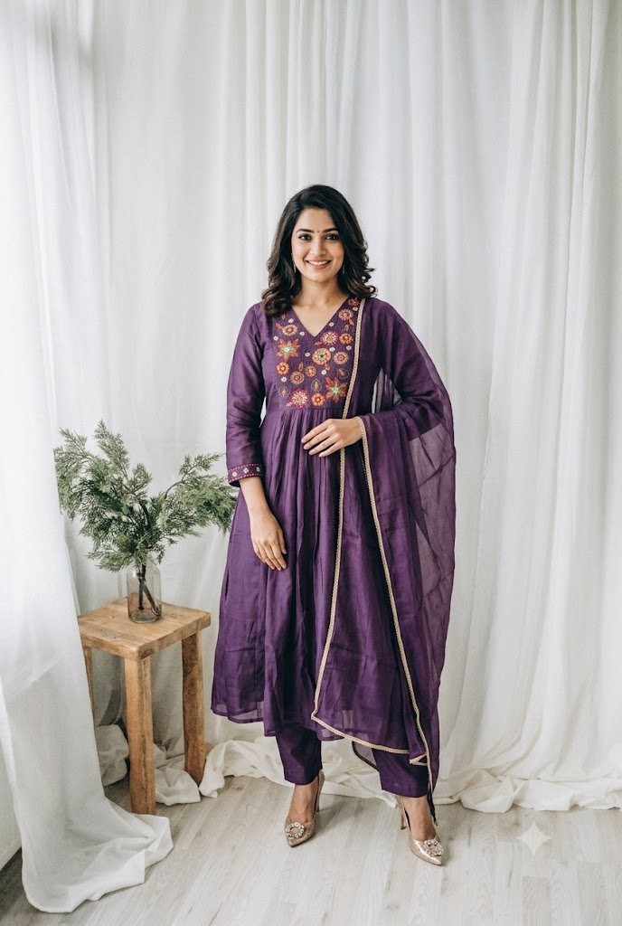 PURPLE CHANDERI ETHNIC SUIT-1708