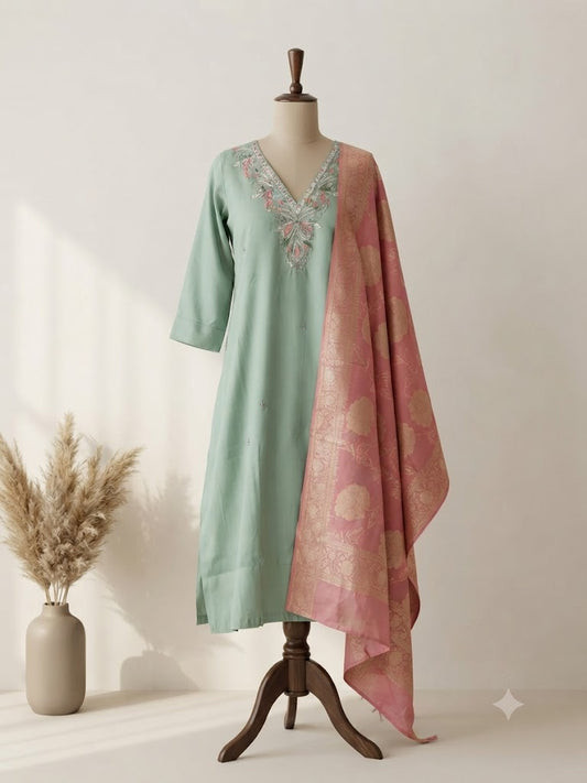 FUSION HUES MINT GREEN ETHNIC SUIT-1533