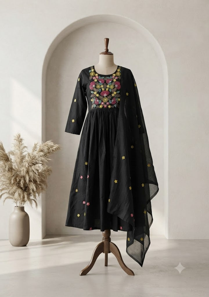 BLACK FLORAL KURTI SET-1640