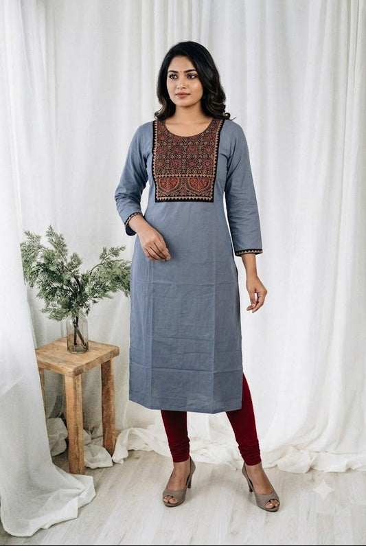 AJRAKH YOKE GREY KURTI-6091