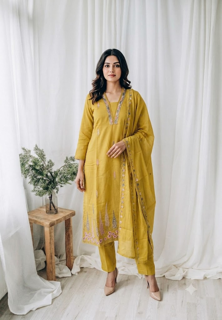 YELLOW CHANDERI ETHNIC SUIT-1709