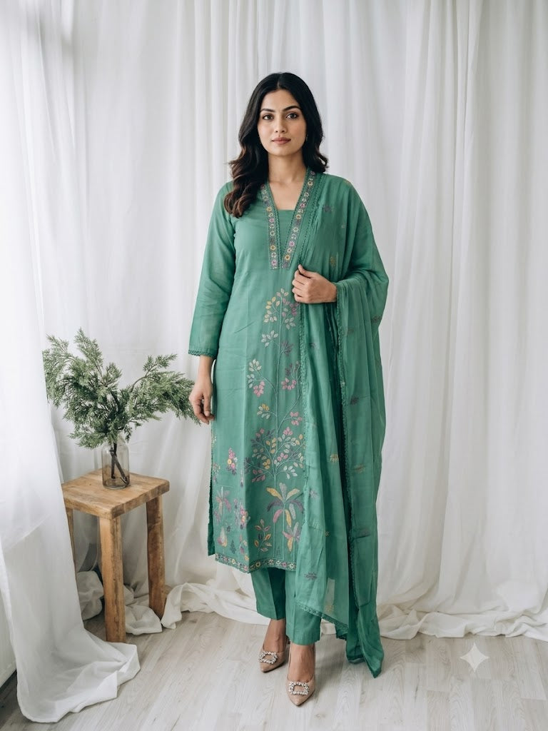 MINT GREEN CHANDERI ETHNIC SUIT-1710