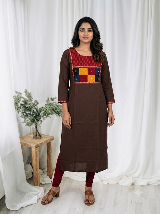 AJRAKH PATCH BROWN KURTI-6092