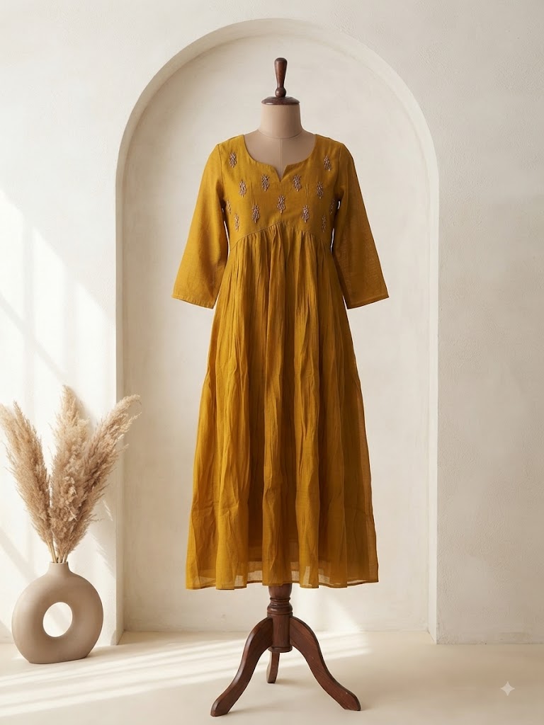 YELLOW CHANDERI KURTI-6147