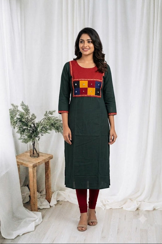 AJRAKH PATCH GREEN KURTI-6092