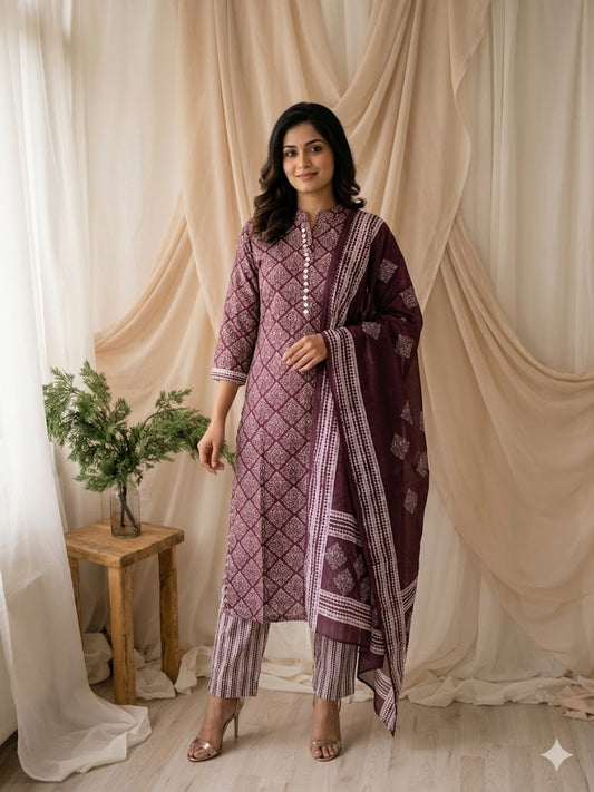 WINE AJRAKH ETHNIC SUIT - 1505