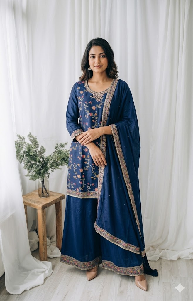 JACQUARD NAVY SHARARA SUIT-1373