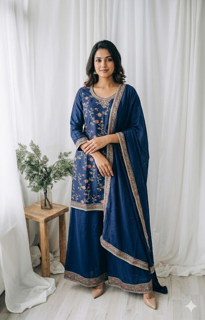 JACQUARD NAVY SHARARA SUIT-1373