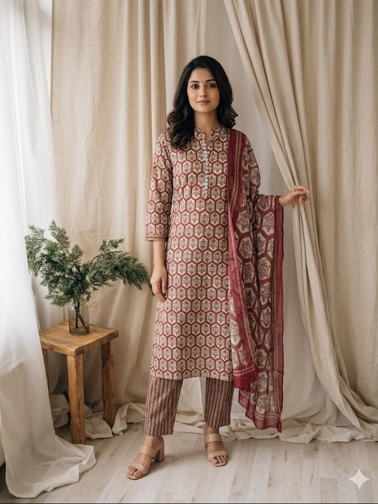 CREAM AJRAKH ETHNIC SUIT - 1506