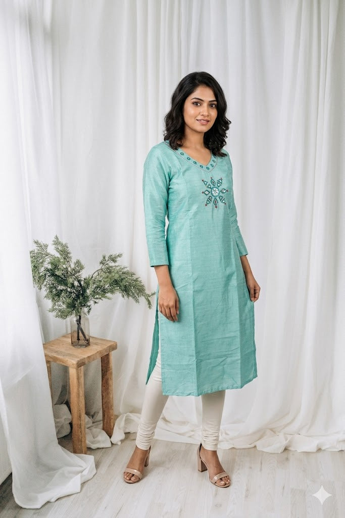 MINT BLUE SILK KURTI-6039