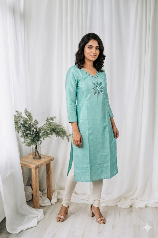 MINT BLUE SILK KURTI-6039
