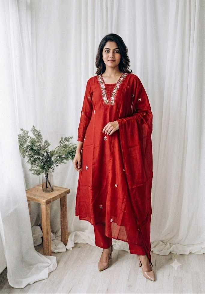 RUST FLORAL CHANDERI ETHNIC SUIT-1740