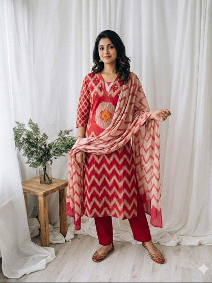 RED IKKAT KURTI SET-1502