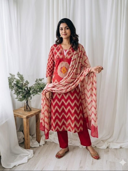 RED IKKAT KURTI SET-1502