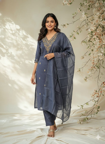 SLATE BLUE LOOM ETHNIC SUIT - 1484