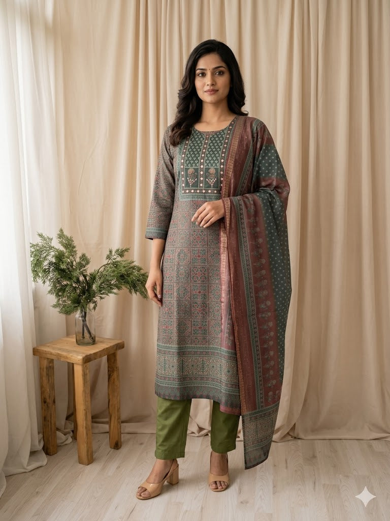 GREEN PATTERN ETHNIC SUIT-1492
