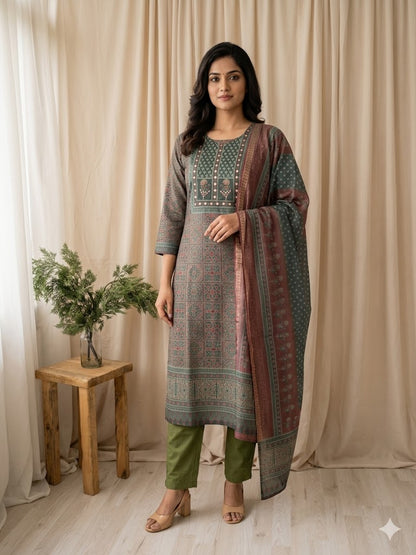GREEN PATTERN ETHNIC SUIT-1492