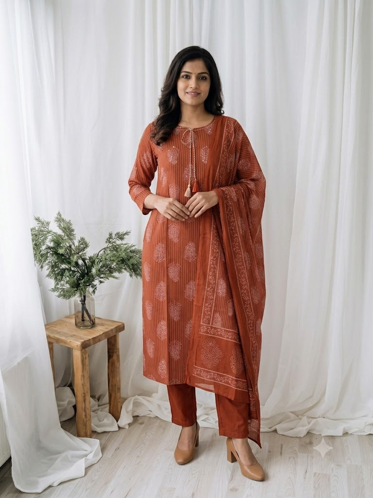 RUST PRINT KURTI SET-1653