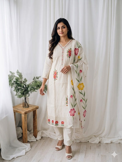 CREAM FLORAL KURTI SET-1545