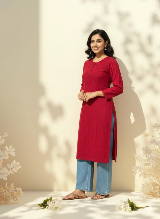 RED CHIKANKARI KURTI-1505
