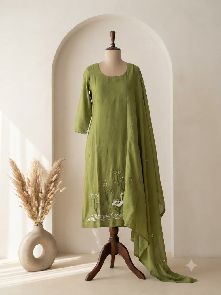 OLIVE THREAD ETHNIC SUIT - 1416