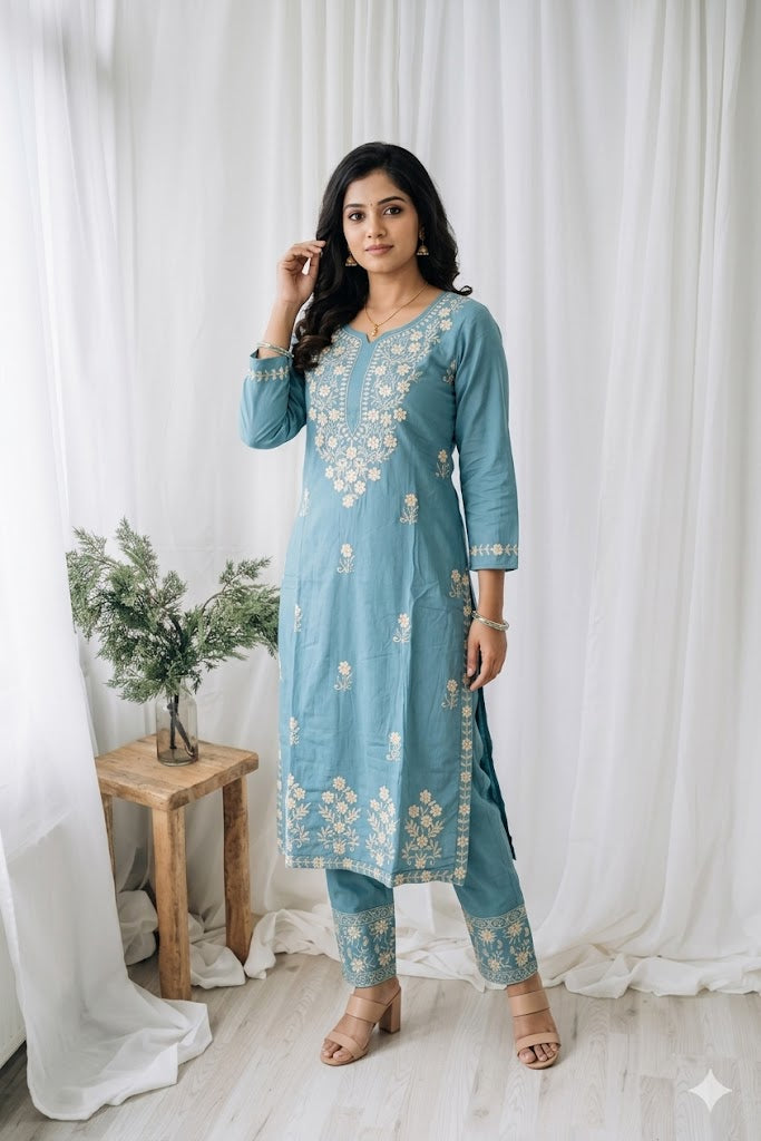 BLUE CHIKANKARI COORDSET-0111
