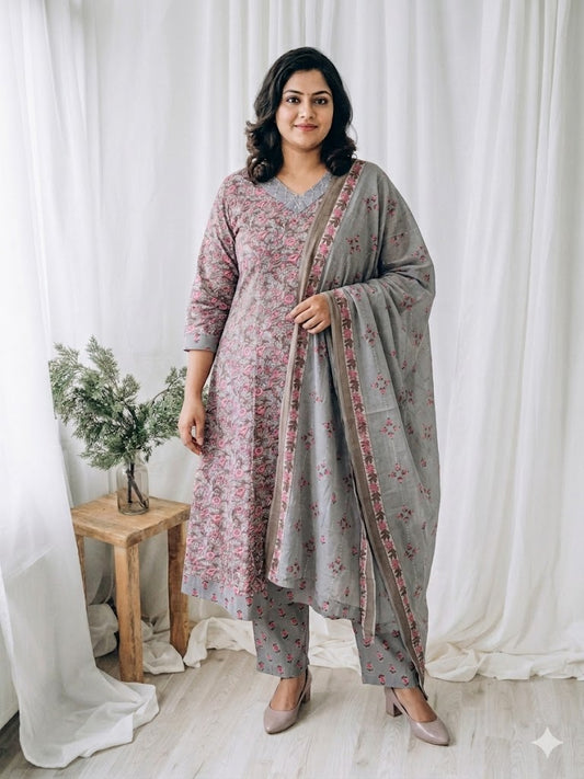 PETAL WEAVE KURTI SET-GREY-2030