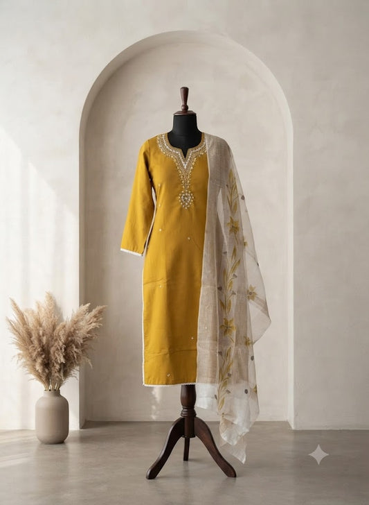 YELLOW SILK ETHNIC SUIT-1104