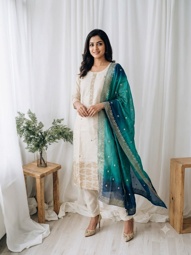 CREAM BANARASI SILK  ETHNIC SUIT-1481