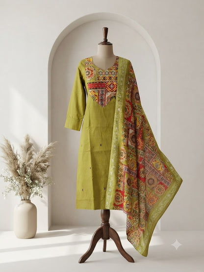 GREEN PATCH YOKE  ETHNIC SUIT - 1368