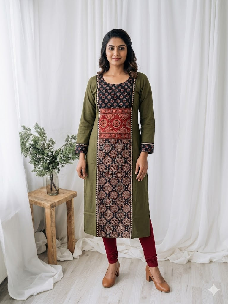 AJRAKH ESSENCE GREEN KURTI-6037